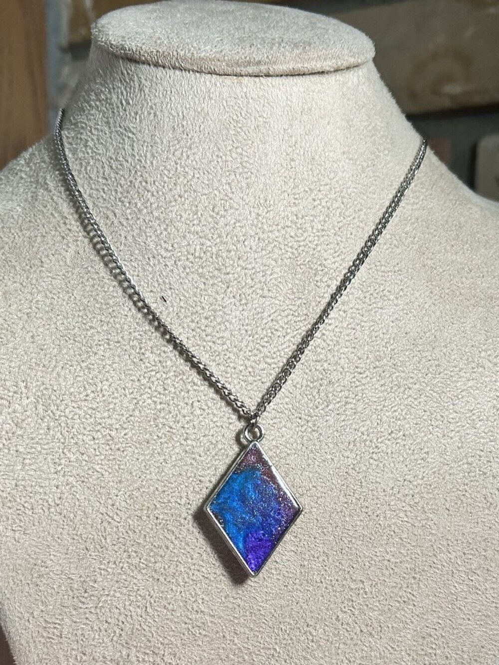 Blue Purple Iridescent Resin Pendant Necklace Galaxy Aurora Borealis